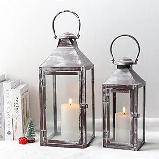 JHY DESIGN Vintage Hanging Candles Lantern 44.5 & 34cm High, Set of 2 Decorative Lantern Metal Candle Holders Outdoor Lantern for Living Room Party Balcony Garden Indoor Gifts Hallway(Gray Brush)