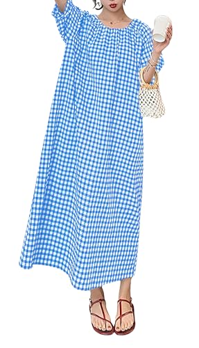Image of chouyatou Women's Casual Gingham Loose-Fit Swing Dress Cotton Lantern Puff Sleeve Plaid Midi Long Dress