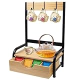 Tea Bag Organizer with Adjustable Drawer, Tea Organizers and Storage with 3 Hooks, Wood & Metal Tea Bag Holder, Tea Box Organizer for Countertop Tea Station, Tea Storage Organizer