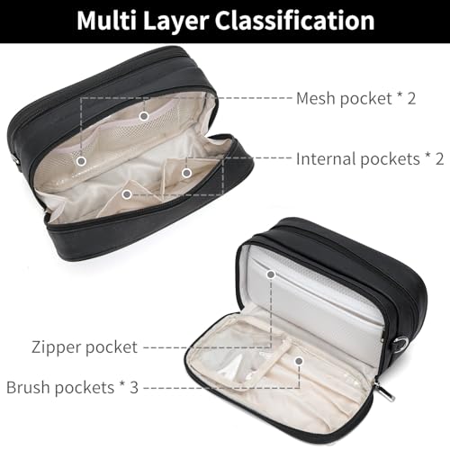 Makeup Bag for Women, Wide-open Makeup Organizer with Makeup Brush Holder, Waterproof Cosmetic Bag with Compartment, Portable Travel-Size Toiletry Bag for Traveling, Large Make Up Bag (Black)4