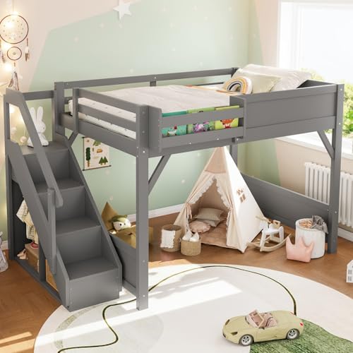 Image of KEIKI Solid Wood Full Size Loft Bed Frame with Stairs Built-in Wardrobe | Full Size Loft Bed with Storage Shelves, Full-length Guardrails, No Box Spring Needed for Bedroom, Dorm, Gery