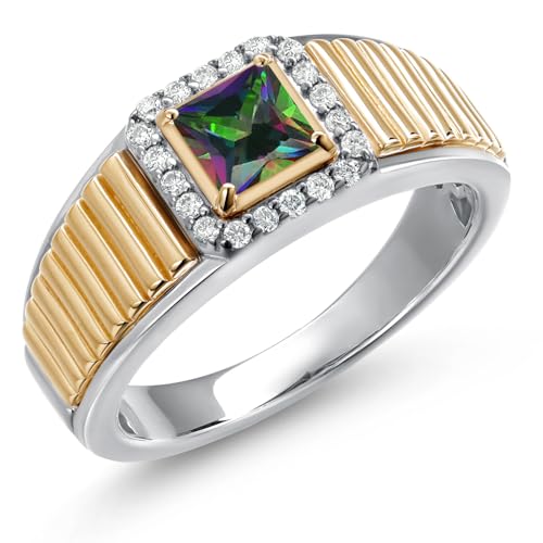 Gem Stone King Princess Cut Ring For Men | 925 Silver and 10K Yellow Gold | 5MM Princess Cut Gemstone Birthstone and 1.2MM Round White Lab Grown Diamond | Available in Size 7-13