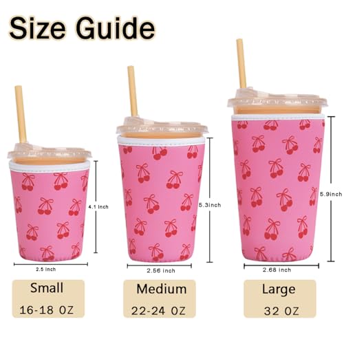 Image of Reusable Insulated Sleeve for Iced Coffee Cup, 3-Pack Coffee Neoprene Drink Sleeve for Cold & Hot Drinks, Beverage Holder for Iced Coffee (Pink Cherry Bows)