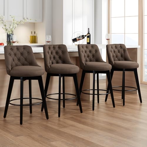Virabit Swivel Bar Stools Set of 4, Linen Counter Height Bar Stool with Back, Upholstered Bar Stools for Kitchen Island, Dining, Cafe, Pub (Brown)
