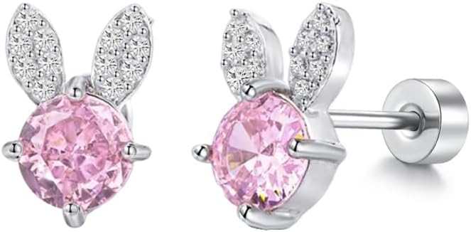 20g Rabbit Pink CZ Small Stud Earrings for Women Dainty Cute Crystal Bunny Animal Cartilage Tiny Flat Screw Back Stainless Steel Silver Plated Hypoallergenic Piercing Studs