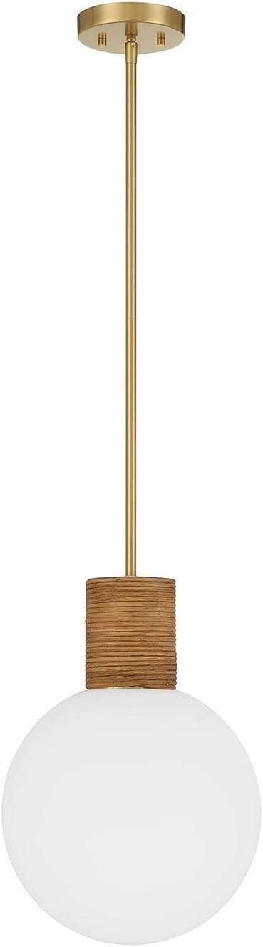 Savoy House 7-4082-1-322 Jarrell Modern White Opal Glass Orb Pendant with Rattan Accents, 1-Light 60 Watt, 17" H x 12" W, Warm Brass