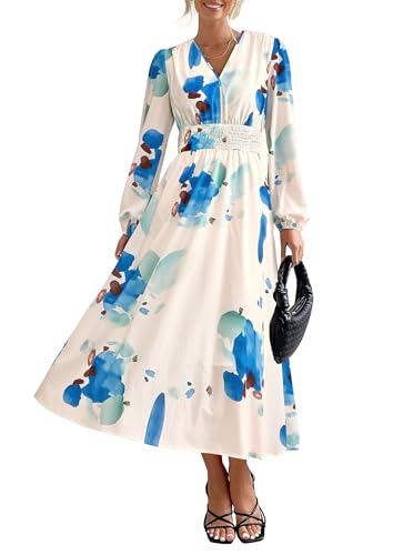 PRETTYGARDEN Women's Floral Midi Dress Casual Fall V Neck Long Sleeve Flowy Spring Beach Wedding Guest Vacation Dresses