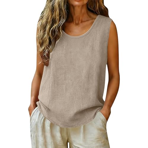Camisetas Sin Mangas Mujer Verano Algodón Y Lino Camisetas Tirantes Vestir Basicas Transpirable Camiseta Tirantes Talla Grande Camiseta sin Mangas Casual Ligera Cómodo Blusas Oficina Trabajo T-Shirt