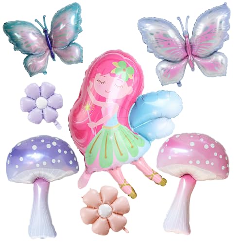 7Pcs Fairy Birthday Party Decor Set, featuring butterfly and mushroom balloons, and fairy balloons—perfect for a fairy first birthday, a baby’s christening, a magical forest theme, or a garden party