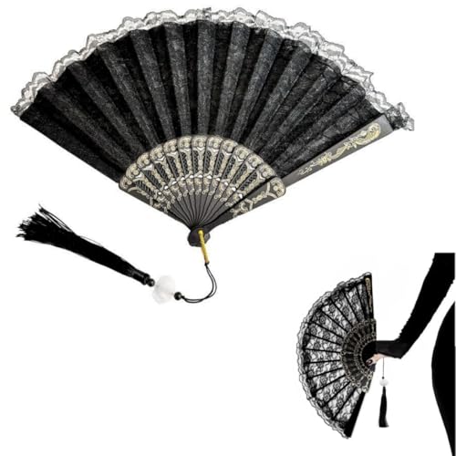 Image of Vintage Bridal Lace Hand Fan, Floral Embroidery Glitter Tassels Foldable | Wedding Dance Tea Party Gift for Women, Mother, Bride, Compact Retro Cosplay