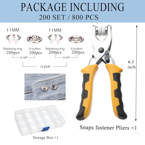 NXTOV 11mm/800PCS Metal Snaps Buttons with Fastener Pliers, Heavy Duty Press Tool Kit Perfect for DIY Crafts Clothes, Snap Button Fasteners Kit for Clothing Sewing (800PCS/200SET-SLIVER) - Thumbnail 3