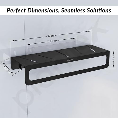 Image of Plantex Alloy Steel No Drill Bathroom Organiser /Self Adhesive Wall Mount Multipurpose Shelf /Rack /Towel Rod /Hooks for Bathroom - Pack of 1 (15 x 5 Inch, Black)