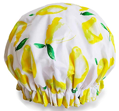 Large Reusable Shower Caps Women Waterproof Double Layer Bath Cap Hair Cover Shower Bonnet Hats Bath Accessories for Spa Makeup Salon Home Use (XL Lemon yellow)