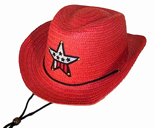 2 PC Red Color Kids Straw Western Cowboy/Cowgirl Hat with