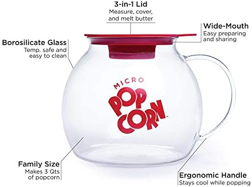 Ecolution Micro-Pop Popper, Glass Microwave Popcorn Maker with Dual Function Lid, 3 Qt