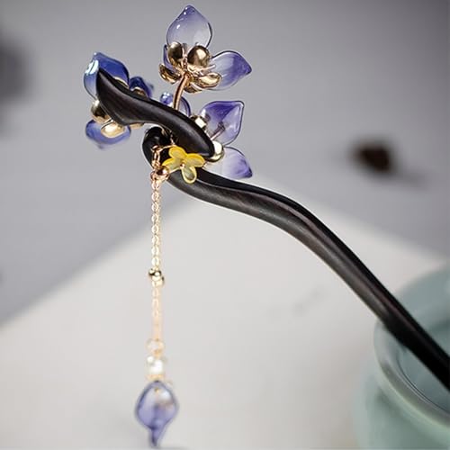 Bastão de cabelo de flor com borlas, palito de cabelo chinês de flor azul escuro, grampos de cabelo