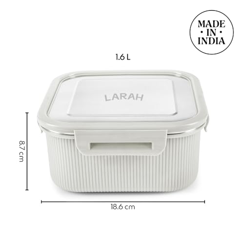 Image of Larah by BOROSIL Freshbyte Food Storage Container with Airtight Stainless Steel Lid | Fridge Container for Lunchbox | Food Grade | Microwave Safe (Grey, 1600 ml, Square)
