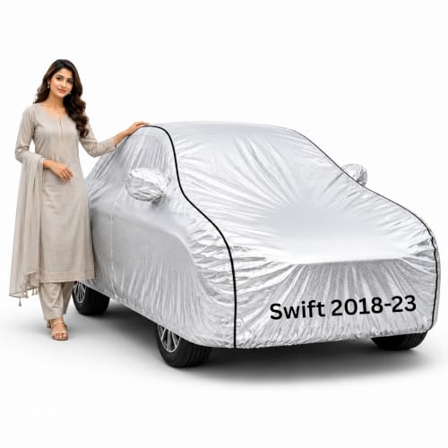 Image of BORDAN Swift 2018-23 Heavy Duty Car Cover Waterproof | 6-Layer Full Body Protection with Soft Cotton Inner Lining | UV, Rain, Heat, Dust & Scratch Resistant | Custom Fit with Mirror Pockets | Silver