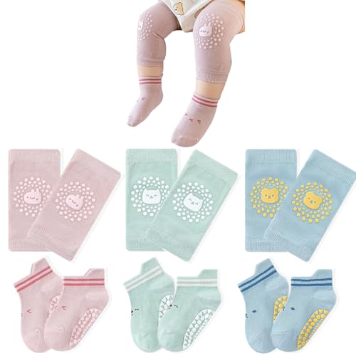 Image of TFTSR Baby Knee Pads for Crawling (3 Pairs) and Baby Socks for Walking (3 Pairs), Walking Protector for Toddler Kid Girls Boy