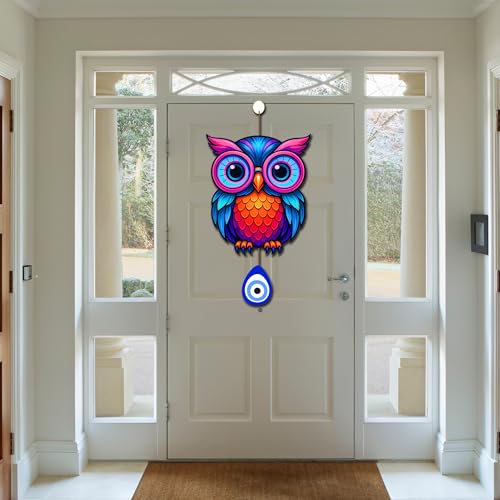 Image of GENXTRA Neon Multicolor Owl Wall Hanging with Nazar Protection Charm | MDF Wooden Decorative Wall Art for Home & Office | Modern Boho Decor