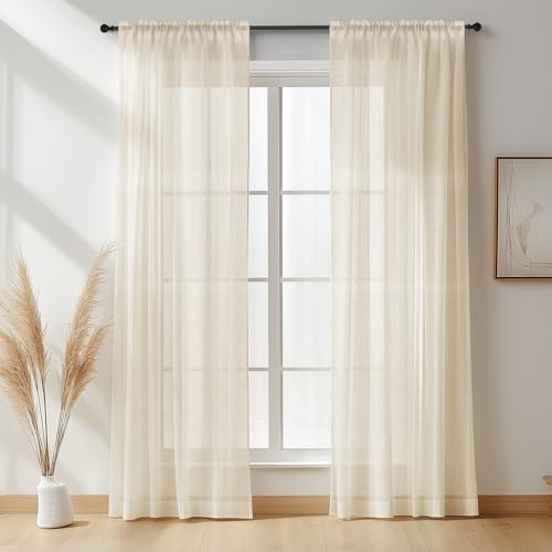 NAKIHOUSE Cortina de gasa de lino, 2 paneles de cortinas de lino natural para ventanas de caída de 45 pulgadas, cortinas de gasa semitransparentes con ranura superior para filtrar la luz, para sala de