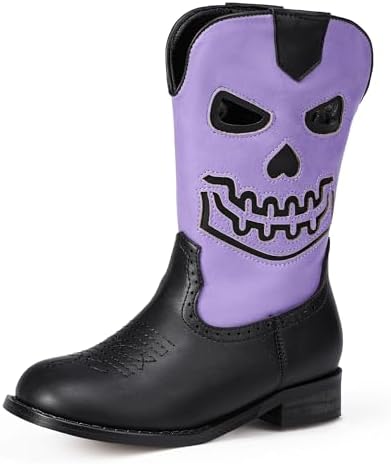 PANDANINJIA Girls Cowboy Boots For Boys Kids Toddler Western Mid Calf Cowgirl Boots Riding Shoes With Halloween Skull Element Booties