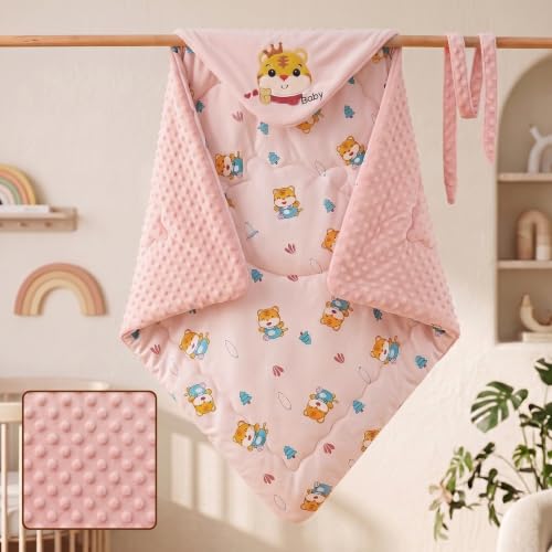 Image of StarAndDaisy Baby Swaddle Wrapper Blanket with Hood | Cotton & Soft Bean Velvet Receiving Blanket | Newborn Baby Wrap, Infant Sleeping Bag, Baby Quilt for Boys & Girls (Pink)