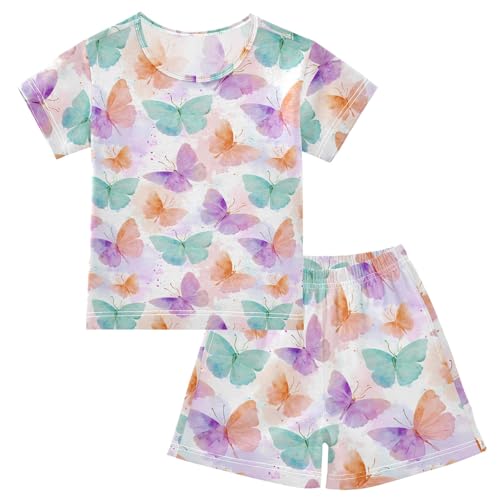 Colorful Butterfly Cartoon Pattern Summer Cute Pajama Sets, Short Sets for Daily Wears and Sleep Wears