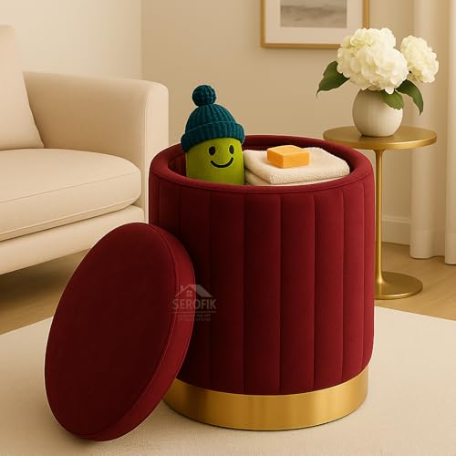 Image of Ottoman Stool with Storage, Round Dutch Velvet Cover Memory Foam Padded 32L Capacity Ottoman Bench Footrest, Pouffe, Office Stool, Makeup Chair, Vanity Chair for Living Room, Bedroom