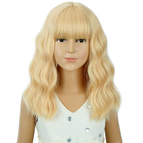 Image of Kids Light Blonde Wig Girls Short Blonde Wavy Curly Wigs Child Wig with Air Bangs Synthetic Cosplay Hair Wigs
