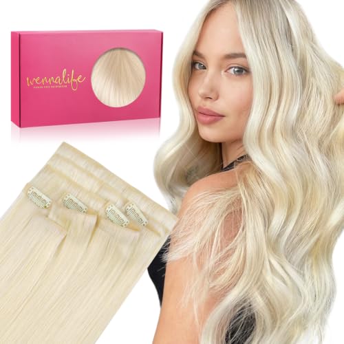 Image of WENNALIFE Invisible Edge Seamless Clip in Hair Extensions Real Human Hair | 18'' 111g 7pcs Light Platinum Blonde. Ultra-Thin PU Weft, Easy, Comfortable Clip in Luxury Remy Hair Extensions