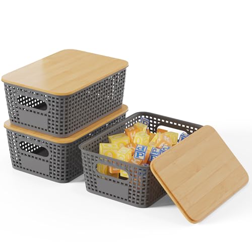 Shrivee 3er-Set Aufbewahrungsbox mit Bambus Deckel, 5L Aufbewahrungskorb, Kunststoff Korb Aufbewahrung, Küchen Aufbewahrungsboxen für Regale, Schränke, Schränke und Zuhause (Dunkelgrau)