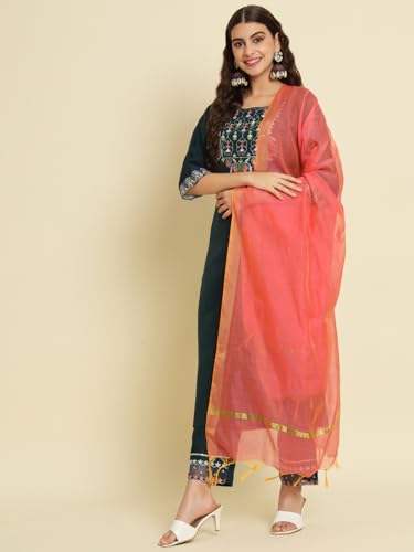 Image of VredeVogel Women's Cotton Blend Kurta Pant Set with Chanderi Silk Dupatta