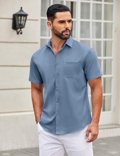 Image of COOFANDY Mens Short Sleeve Casual Button Down Shirts Summer Untucked Dress Shirts with Pocket