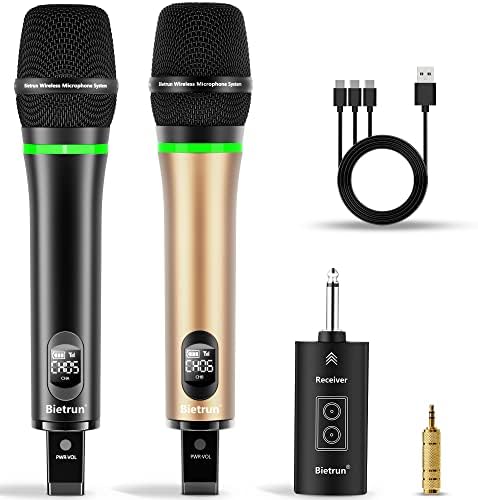 Bietrun Wireless Microphone, 240FT Rechargeable UHF Metal Dual Cordless Handheld Dynamic Mics with Bluetooth for Karaoke Machine, PA System Speaker, Mixer, Party, Church, Wedding(Rose Gold)