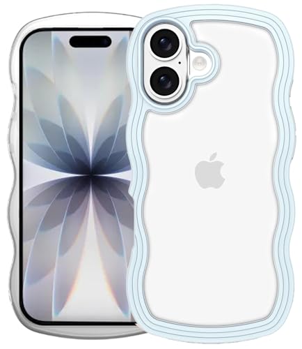 Image of GoldKart iPhone 17 Case Wavy Edge Clear Back Design, Anti-Slip Grip Cute Wave Curly Frame Shape Shockproof Soft TPU & Hard PC Bumper Protective Phone Case Cover for Women Girls - Light Blue