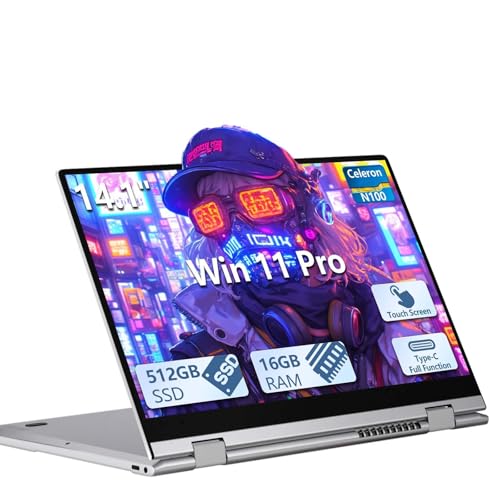 Ordenador Portátil 2 en 1,16GB DDR4 512GB SSD,Celeron N100, Rotación 360° Pantalla Táctil 14,1