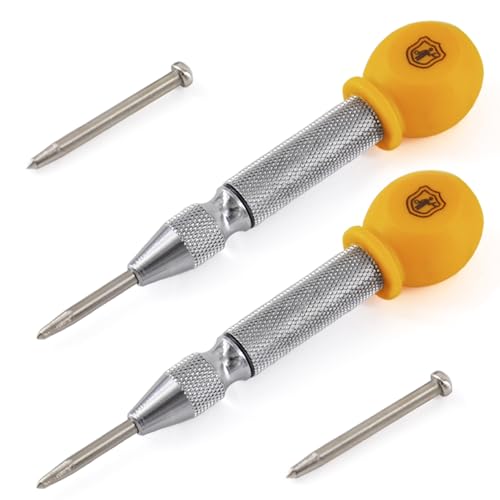 Mulwark 5'' Automatic Center Punch Set - Spring Loaded Center Punch for Metal, Wood, Plastic, Car Window Puncher Breaker Tool with Palm Cap, Replacement Tips and Springs Included, 2 Packs with Case