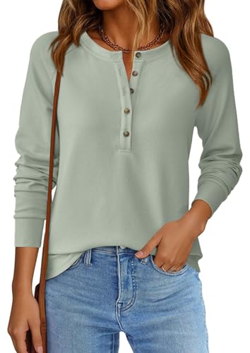 Image of PRETTYGARDEN Women's Long Sleeve Waffle Knit Henley Shirts Loose Tunic Tops