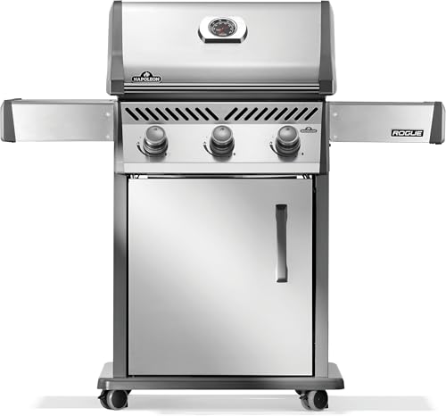 Image of Napoleon Rogue 425 3-Burner Propane Grill | Stainless Steel, Outdoor BBQ, 42,000 BTUs, 571in Area, Instant Ignition, Folding Shelves, Warming Rack, Locking Wheels
