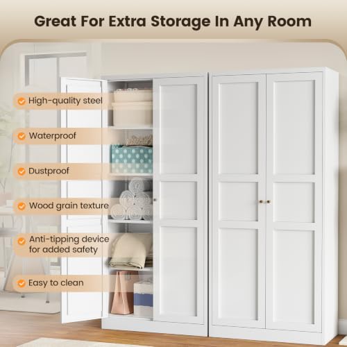Image of Yizosh Metal Storage Cabinet - 71 inch White Kitchen Pantry with 2 Doors and 5 Adjustable Shelves, 5-Tier Tall Steel Locker for Living Room, Dining Room