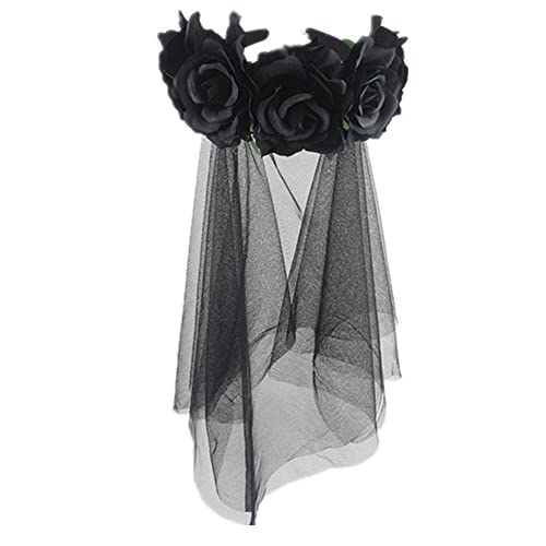 Cerchietto da donna con corona floreale rosa con velo Halloween fascia Giorno dei morti Messico acconciatura da sposa fantasma gotico ghirlanda di fiori vintage accessori di Halloween costume