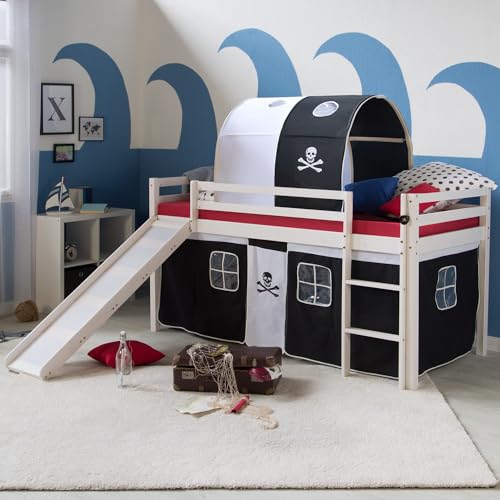 Homestyle4u 2548 - Lit mezzanine pirate avec toboggan - Escalier - Tunnel - Matelas - Sommier à lattes - 90 x 200 cm - Blanc et noir