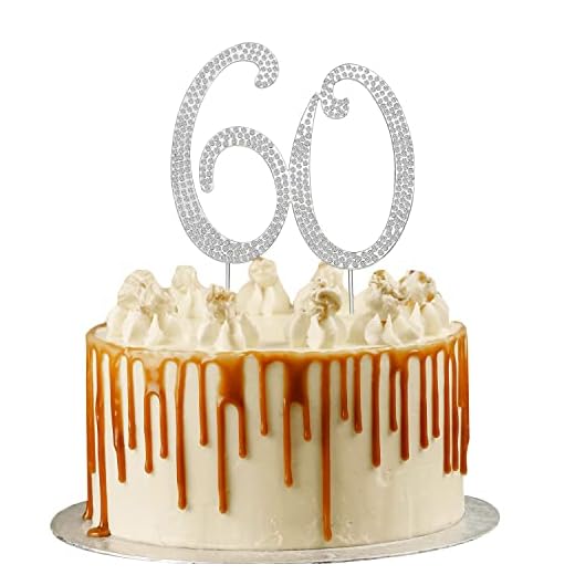 Decoración de la torta de plata Número 60, Diamantes Números Cake Topper Cupcake tartas Decoración de la torta para 60 años Mujeres Aniversario de boda Decoración de la fiesta de cumpleaños