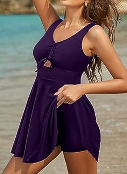 SHEKINI Dames Eendelige Badpak Jurk Verstelbare Trekkoord retro Badpak Ingebouwde korte broek Zwempak(M,Zwart