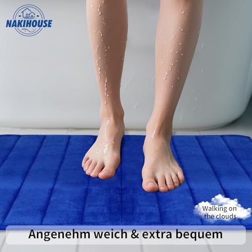 NAKIHOUSE Badematte Set 3-teilig aus Memory Foam, rutschfest & Saugfähig, Waschbar, Weich & Schnell Trocknend, Badezimmerteppich für Dusche, WC & Badewanne,Blau – Bild 4