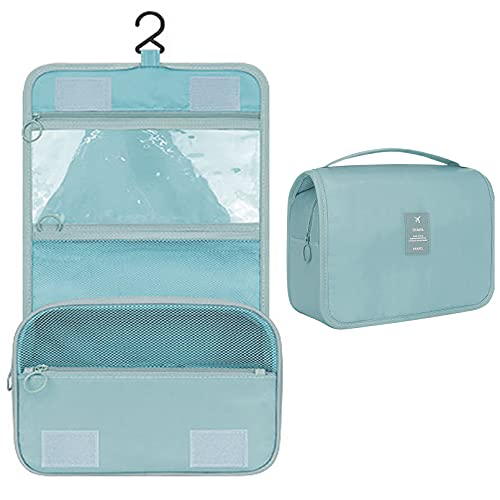 Neceser para mujer, organizador de maquillaje, bolsa de viaje para artículos de tocador, bolsa de cosméticos, bolsa impermeable para baño y ducha con gancho, Azul claro, S, Neceser de viaje