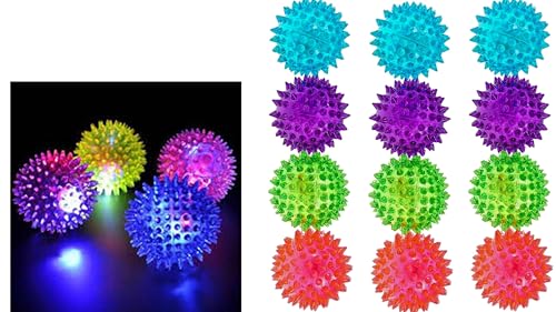 JA-RU Light Up Spiky Balls for Kids (12 Pack) – Light Up Bouncy Balls, Spiky Fidget Toys, Sensory Bin Filler, Stress Relief Toy, Bulk Party Favors – 695-12p