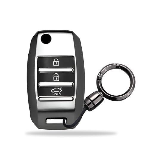 Image of SIAGO TPU Key Cover and Round Key Chain Compatible with Kia Carens | Sonet | Seltos 3 Button Flip Key (Grey)