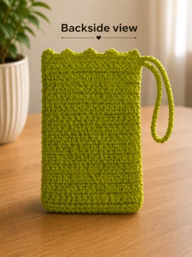 Image of Handmade Crochet Mobile Pouch for Women & Girls | Knitted Phone Holder with Wrist Strap | Cute Floral Aesthetic Mobile Cover Case | Soft Yarn Handmade Gift (Olive Green)